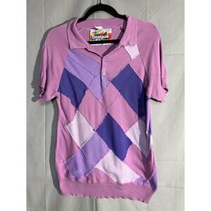 Desigual Top Womens Medium Purple Argyle Preppy Knit Polo Shirt Academia Pastel